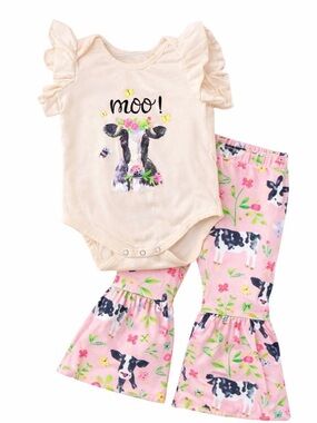 Boutique Cow Outfit Set Toddler Girls – “Moo” Ruffle Sleeve Bodysuit + Pink Cow